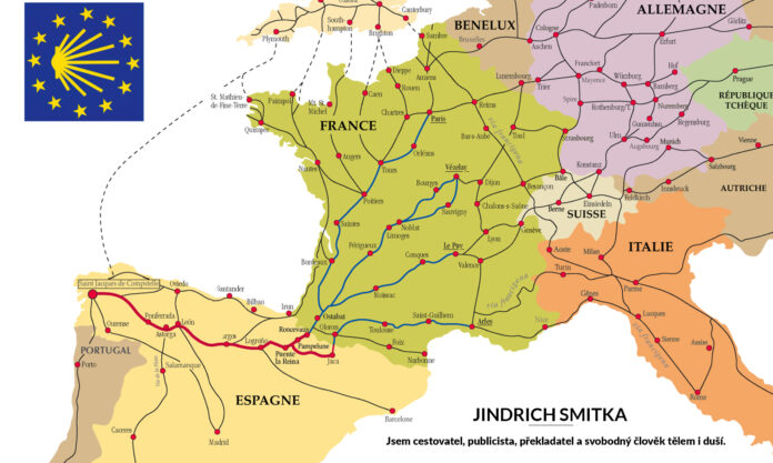 mapa evropských cest do Santiago de Compostela